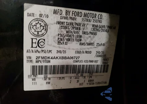 2011 Ford Edge Sport from USA, damaged, VIN 2FMDK4AKXBBA06727